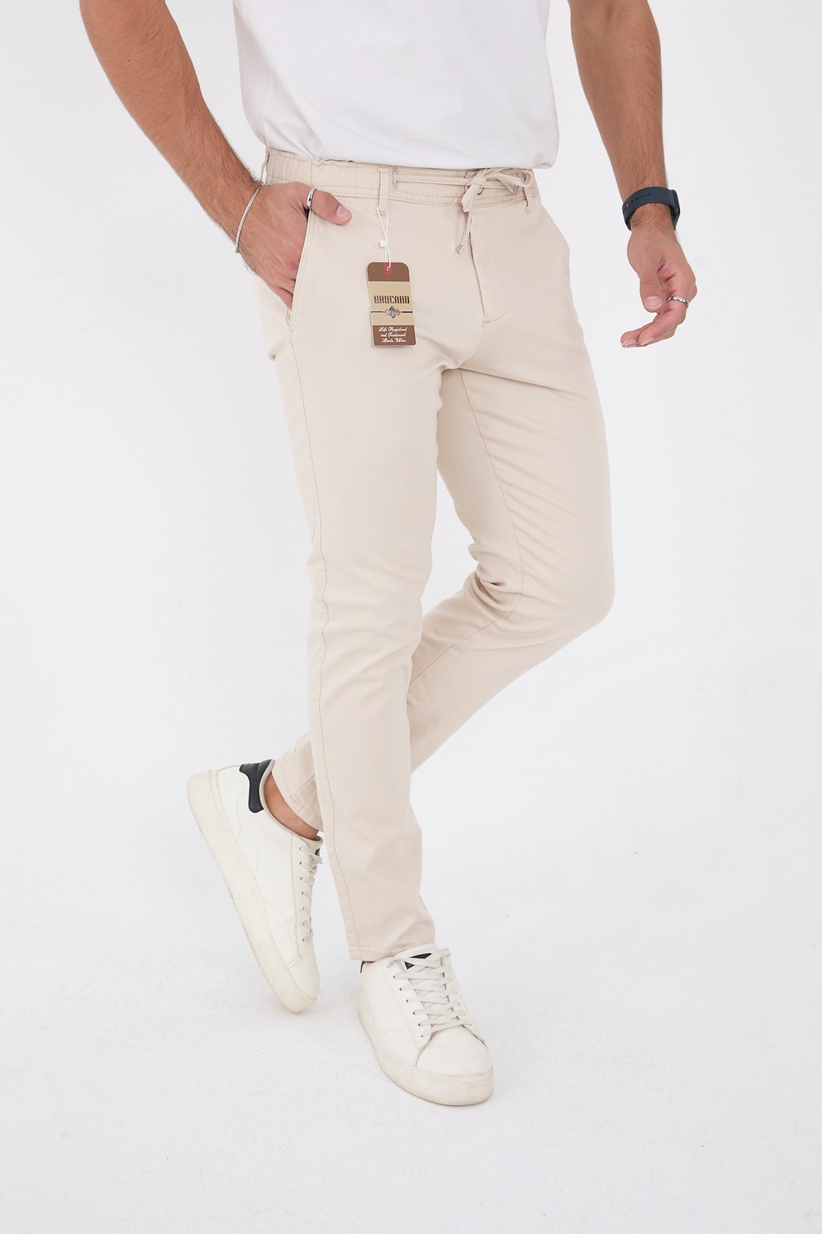 Erkek Mevsimlik Jogger Slim Fit Bel Yarım Lastikli Likralı Keten Pantolon - Taş