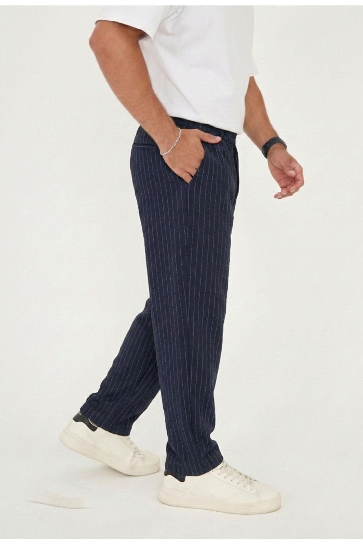 Erkek Çizgili Gofre Baggy Pantolon - Lacivert