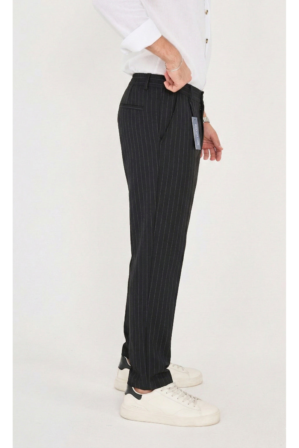 Erkek Çizgili Gofre Baggy Pantolon - Siyah