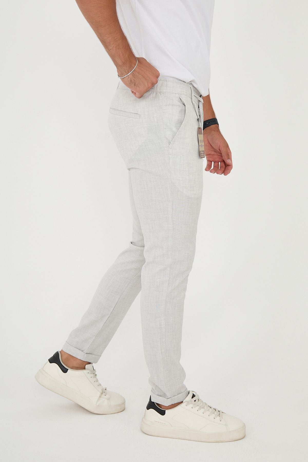 Erkek Jogger Slim Fit Bel Yarım Lastikli Duble Paça Kumaş Pantolon - Açık Gri