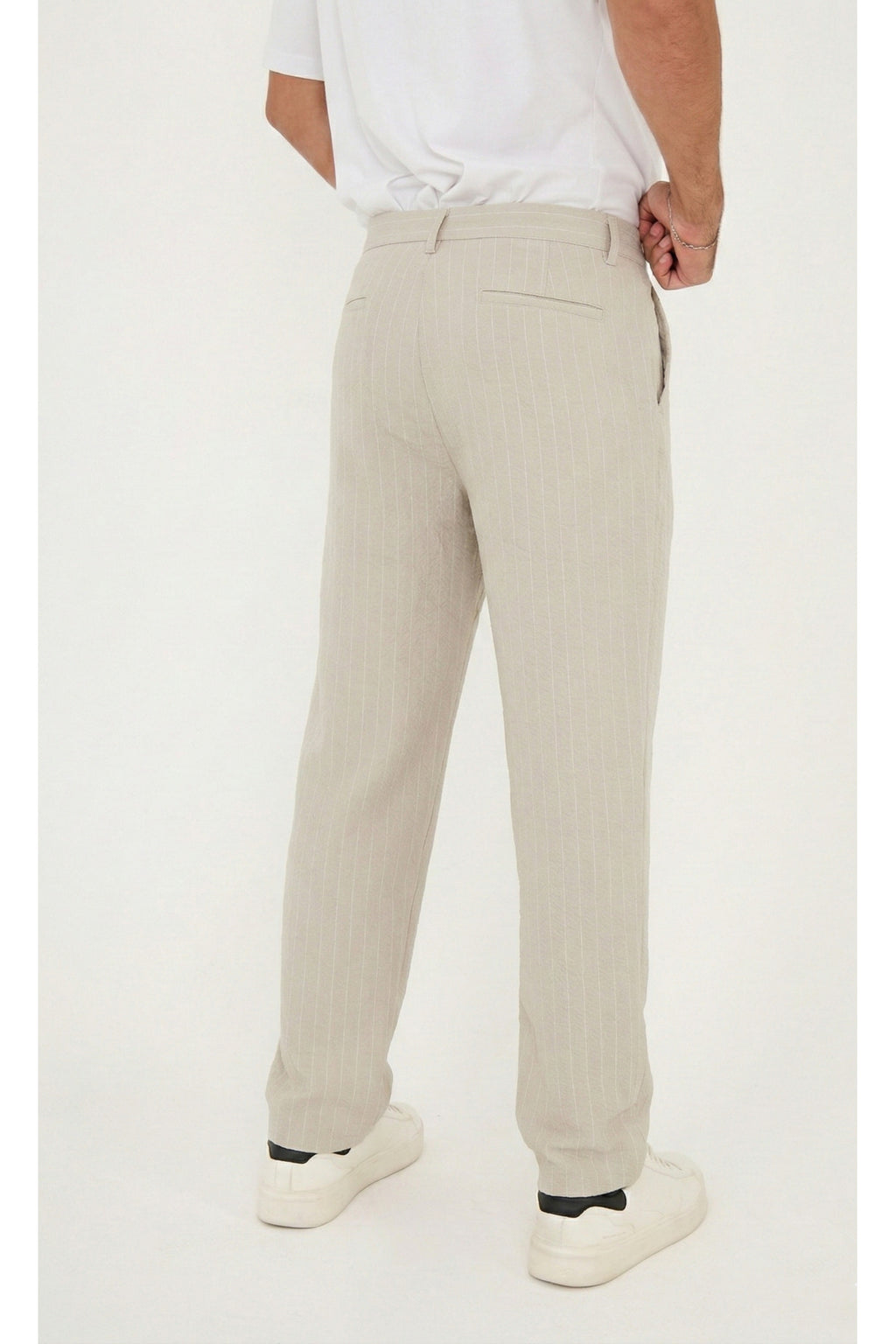 Erkek Çizgili Gofre Baggy Pantolon - Bej