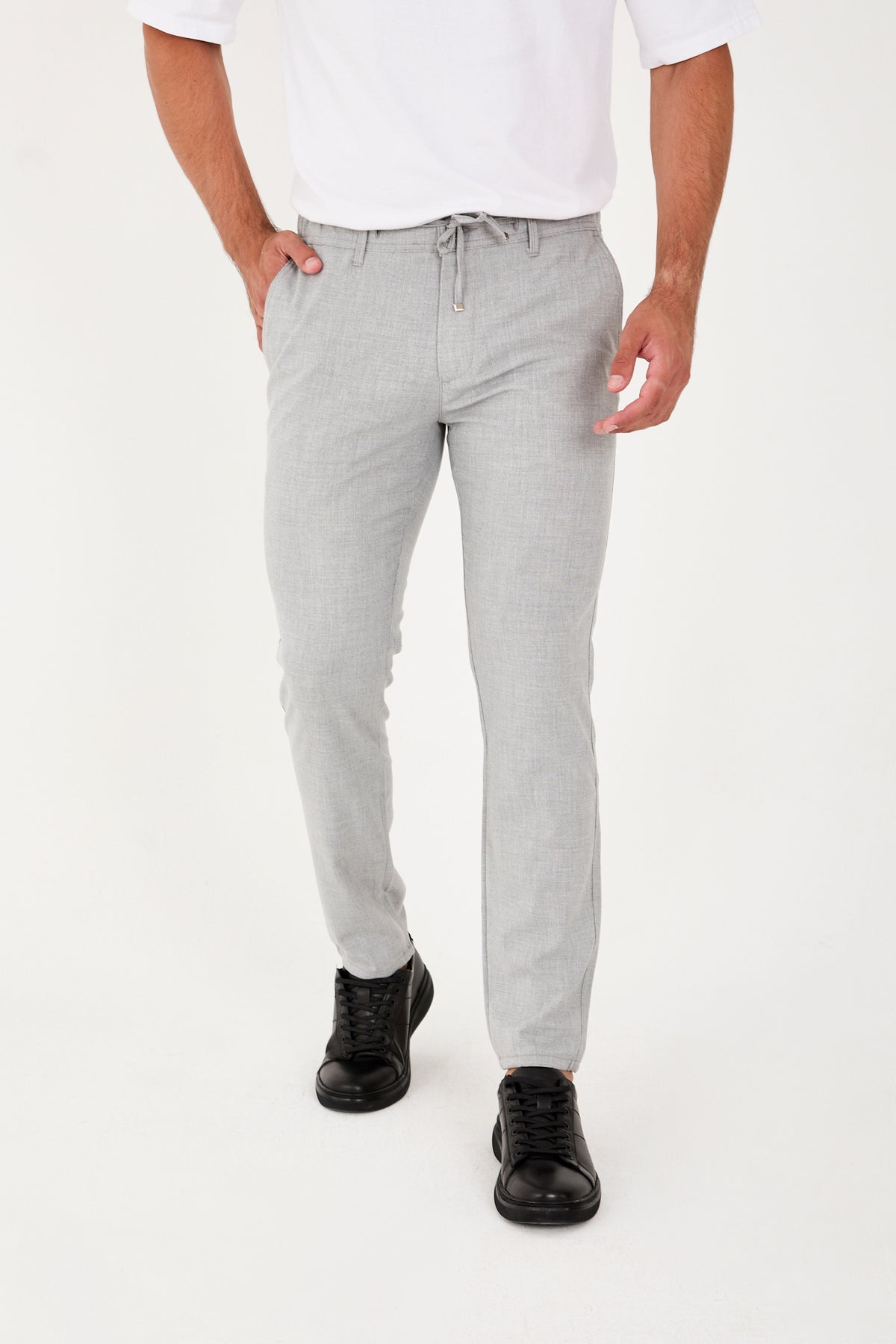 Erkek Jogger Slim Fit Bel Yarım Lastikli Likralı Kumaş Pantolon - Gri