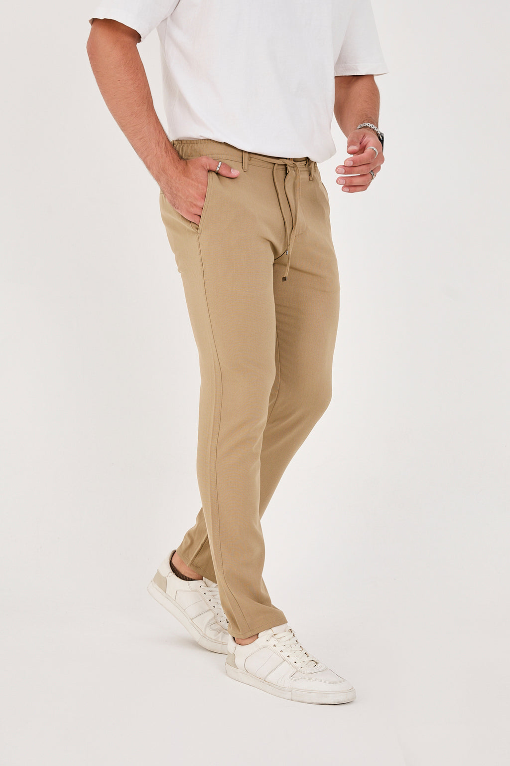 Erkek Jogger Slim Fit Bel Yarım Lastikli Likralı Kumaş Pantolon - Vizon