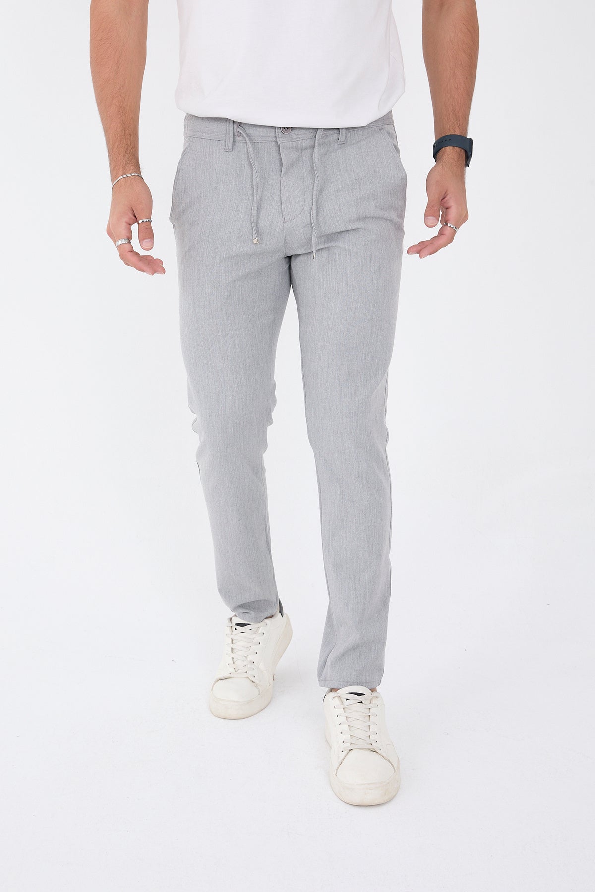 Erkek Kışlık Jogger Slim Fit Bel Yarım Lastikli Kumaş Pantolon - Gri