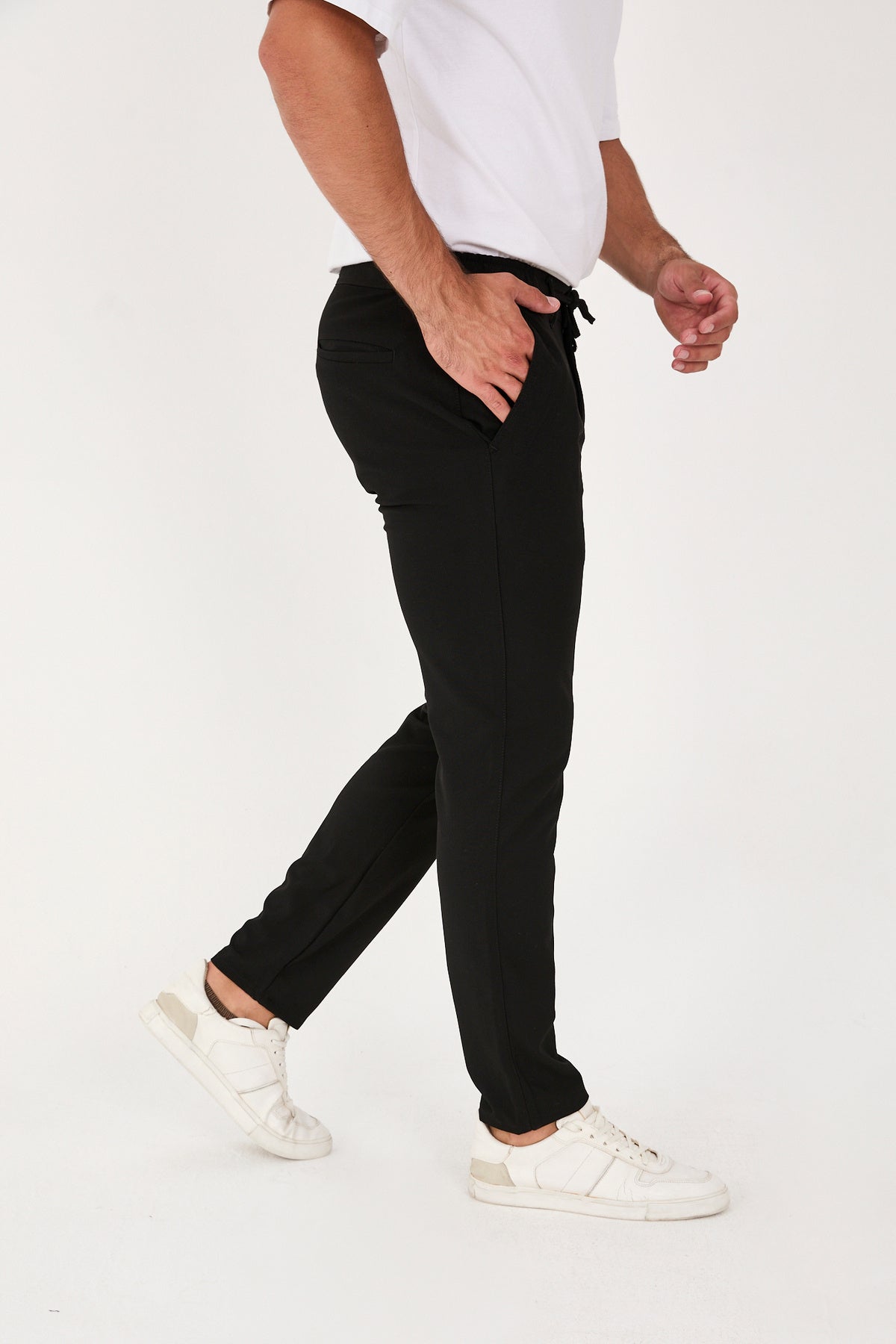 Erkek Jogger Slim Fit Bel Yarım Lastikli Likralı Kumaş Pantolon - Siyah