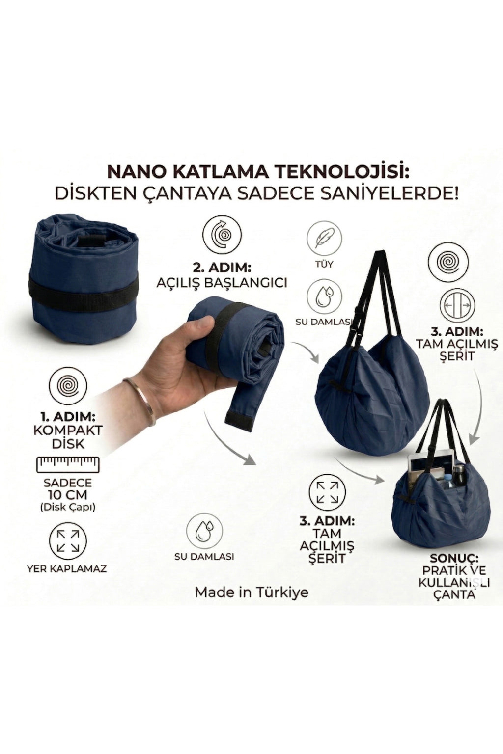 Katlanabilir Akordeon Çanta 2'si 1 Arada Sırt ve Omuz Çantası - Lacivert