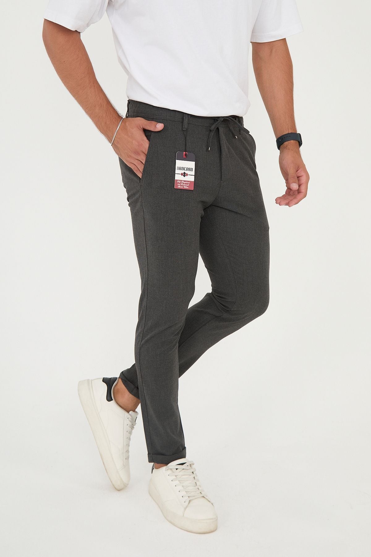 Erkek Jogger Slim Fit Bel Yarım Lastikli Duble Paça Kumaş Pantolon - Antrasit