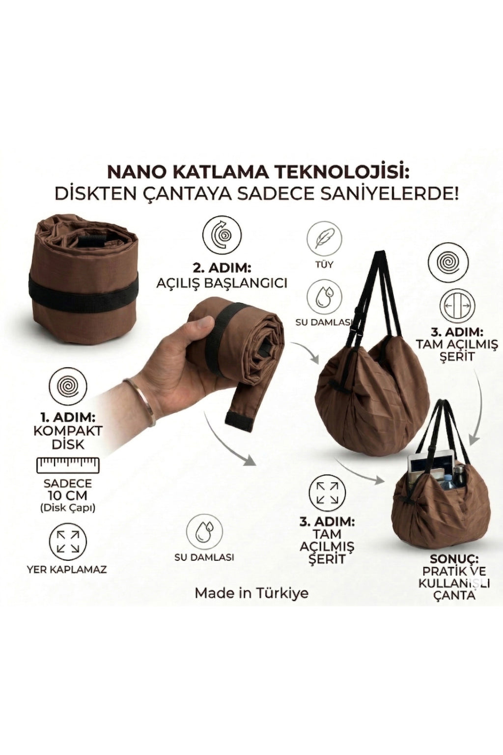 Katlanabilir Akordeon Çanta 2'si 1 Arada Sırt ve Omuz Çantası - Kahverengi