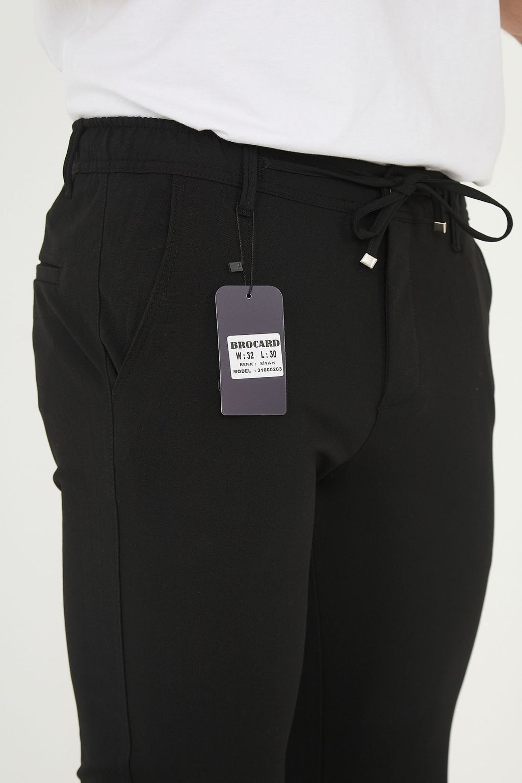 Erkek Jogger Slim Fit Bel Yarım Lastikli Duble Paça Kumaş Pantolon - Siyah