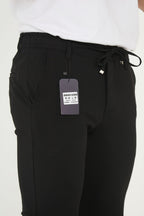 Erkek Jogger Slim Fit Bel Yarım Lastikli Duble Paça Kumaş Pantolon - Siyah