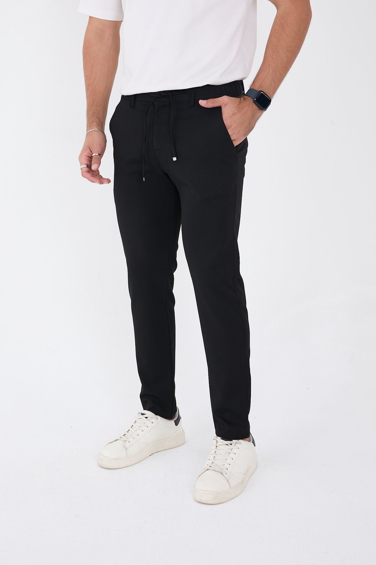 Erkek Kışlık Jogger Slim Fit Bel Yarım Lastikli Kumaş Pantolon - Siyah