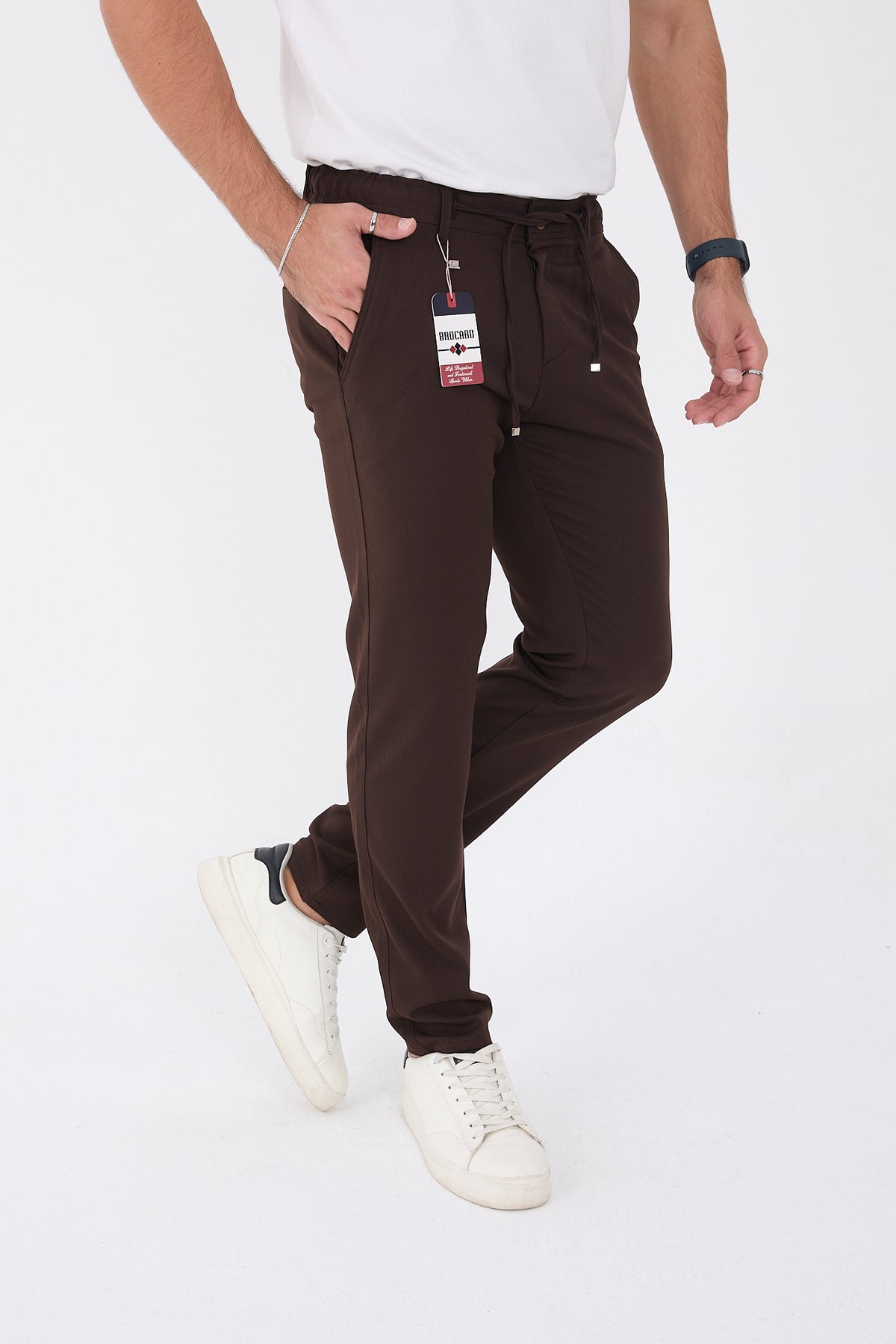 Erkek Kışlık Jogger Slim Fit Bel Yarım Lastikli Kumaş Pantolon - Kahverengi