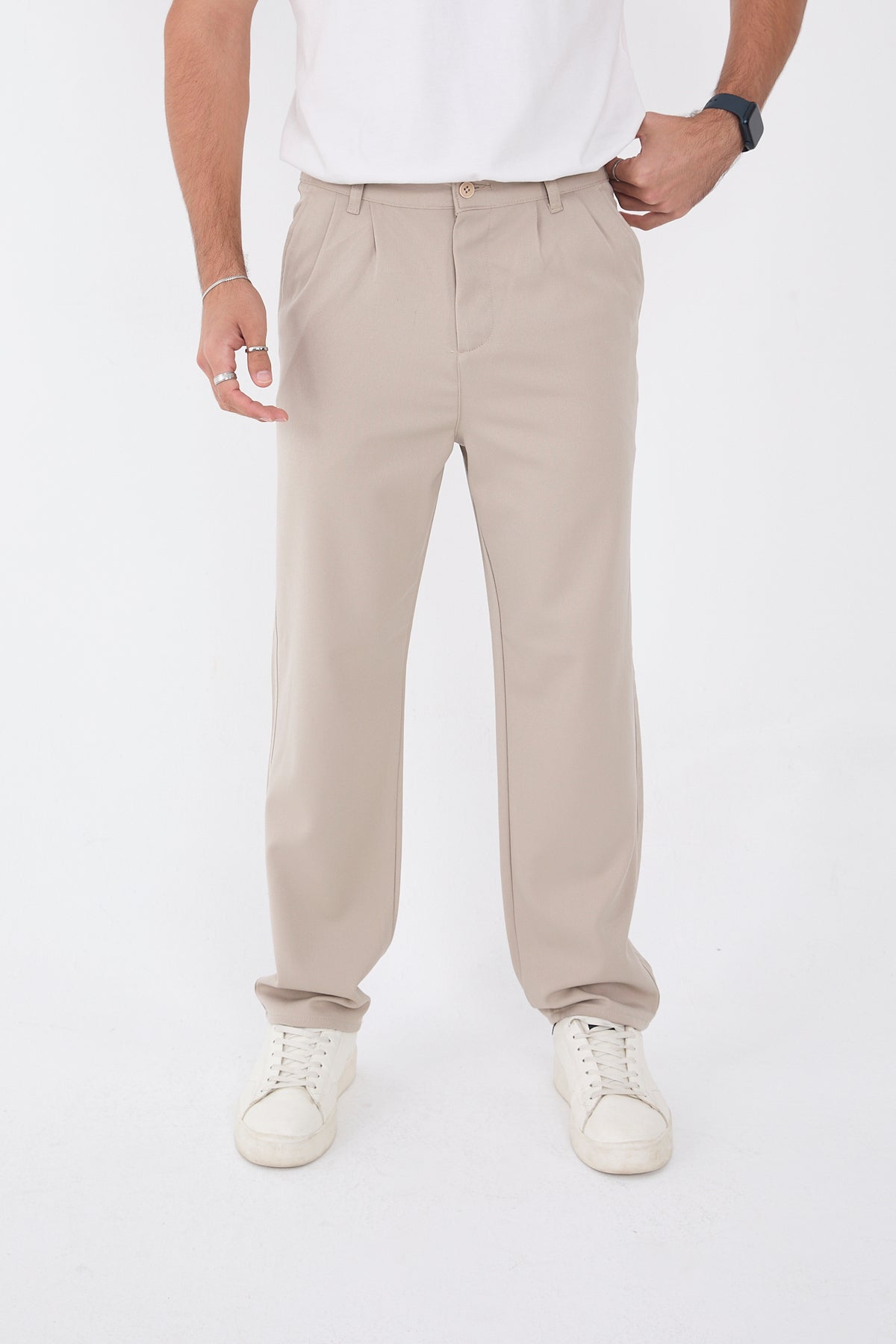 Erkek Kışlık Baggy Likralı Kumaş Pantolon - Bej