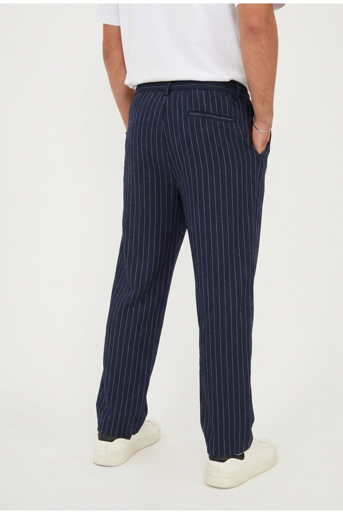 Erkek Çizgili Gofre Baggy Pantolon - Lacivert