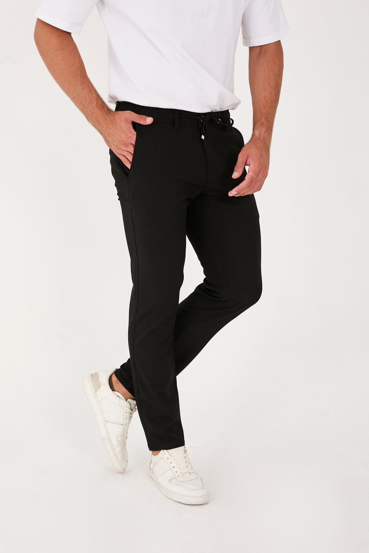 Erkek Jogger Slim Fit Bel Yarım Lastikli Likralı Kumaş Pantolon - Siyah