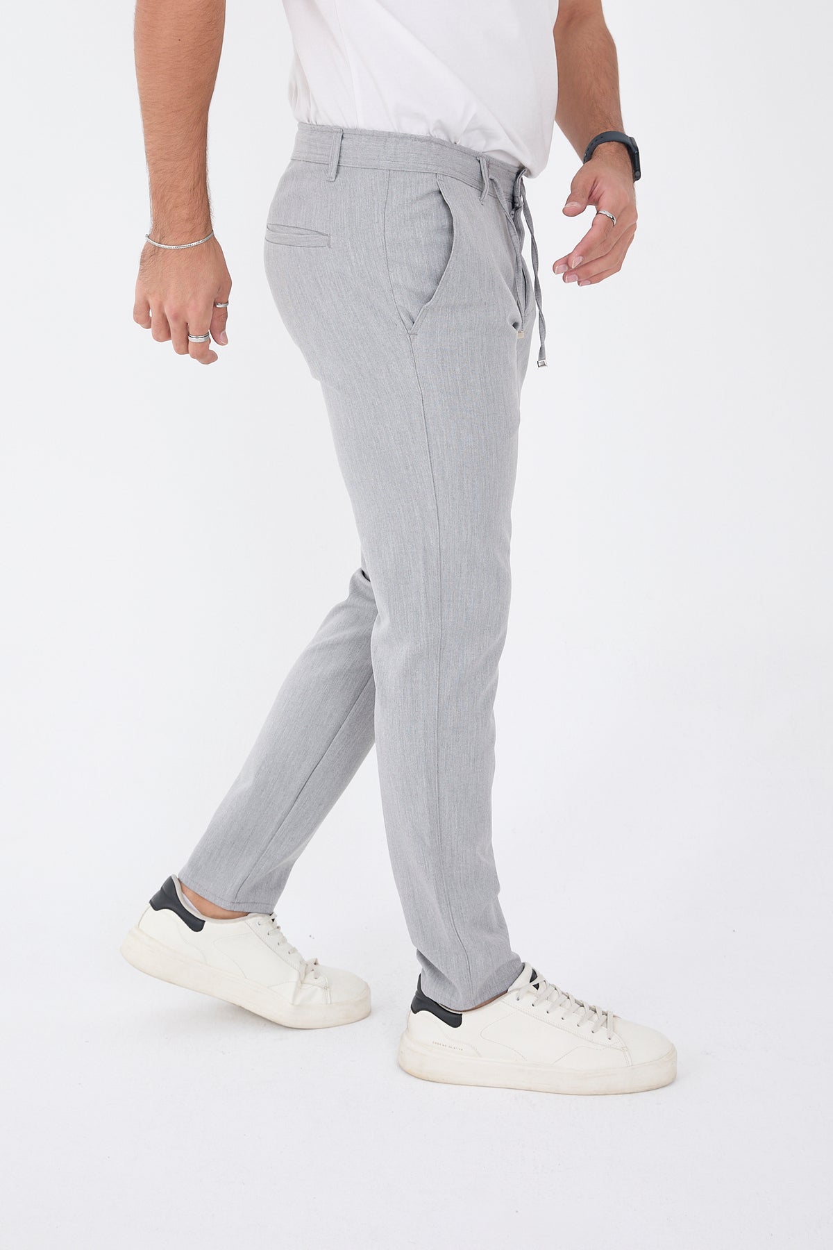 Erkek Kışlık Jogger Slim Fit Bel Yarım Lastikli Kumaş Pantolon - Gri