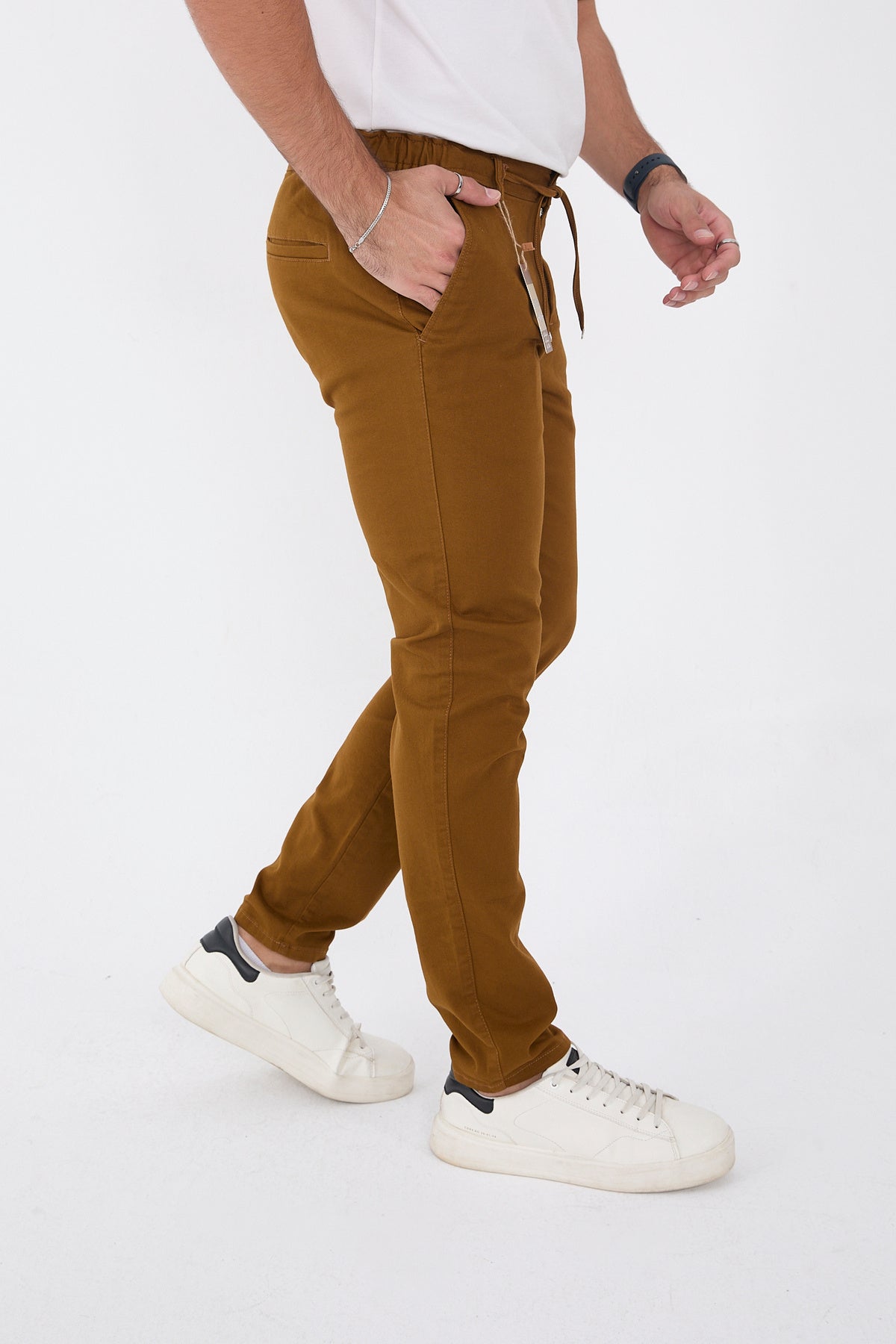 Erkek Mevsimlik Jogger Slim Fit Bel Yarım Lastikli Likralı Keten Pantolon - Camel