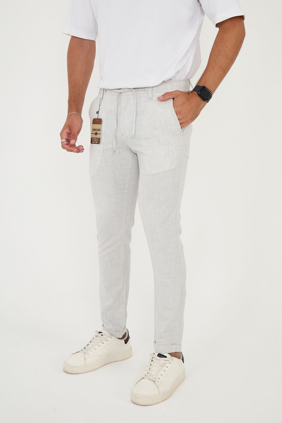 Erkek Jogger Slim Fit Bel Yarım Lastikli Duble Paça Kumaş Pantolon - Açık Gri