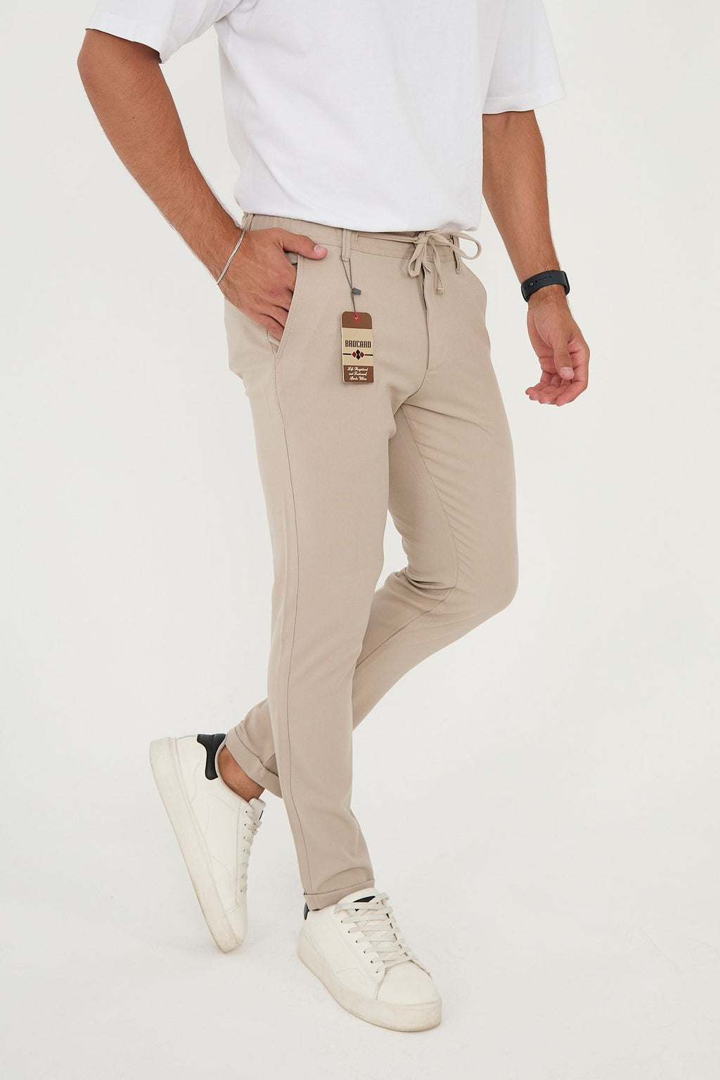 Erkek Jogger Slim Fit Bel Yarım Lastikli Duble Paça Kumaş Pantolon - Bej