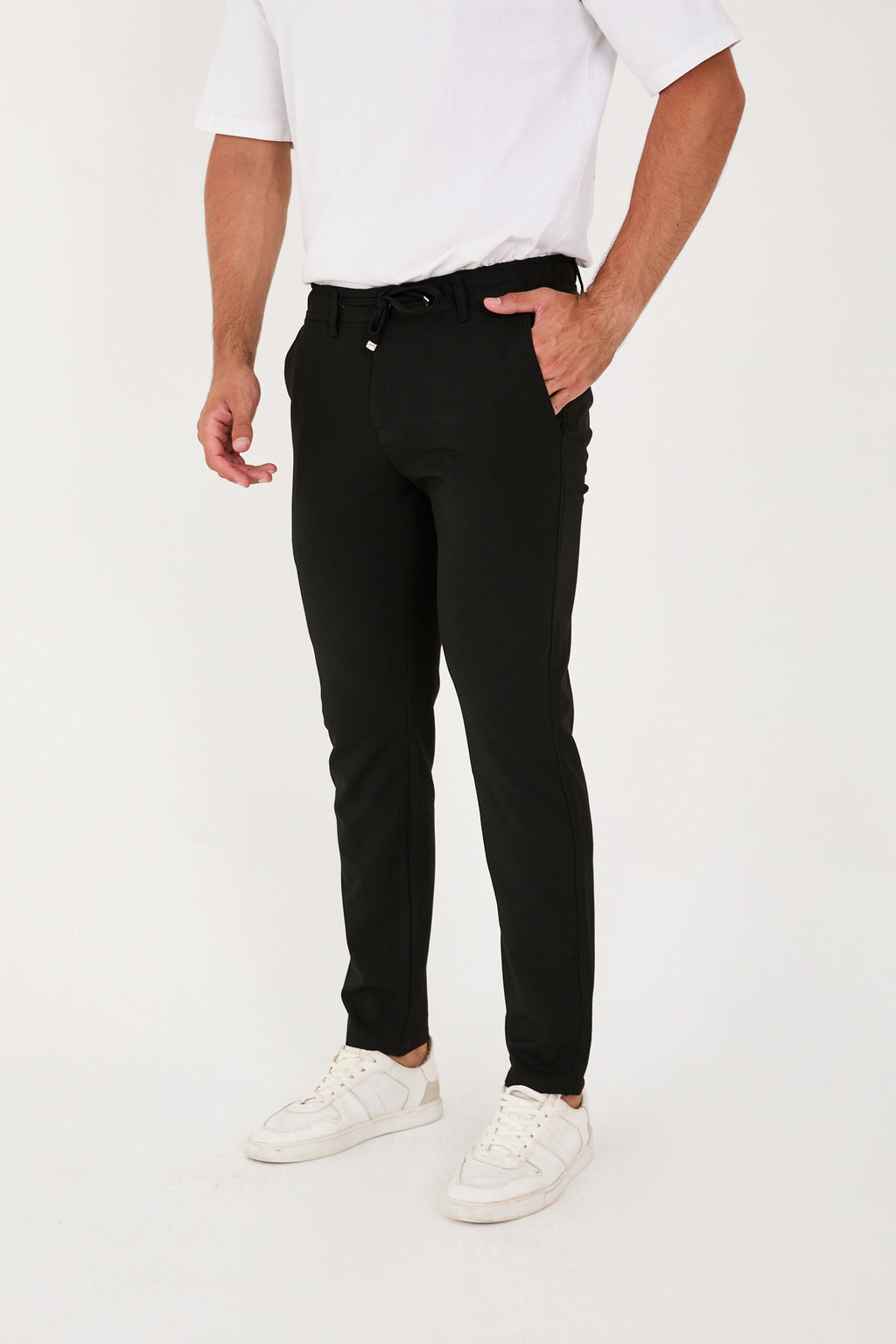 Erkek Jogger Slim Fit Bel Yarım Lastikli Likralı Kumaş Pantolon - Siyah