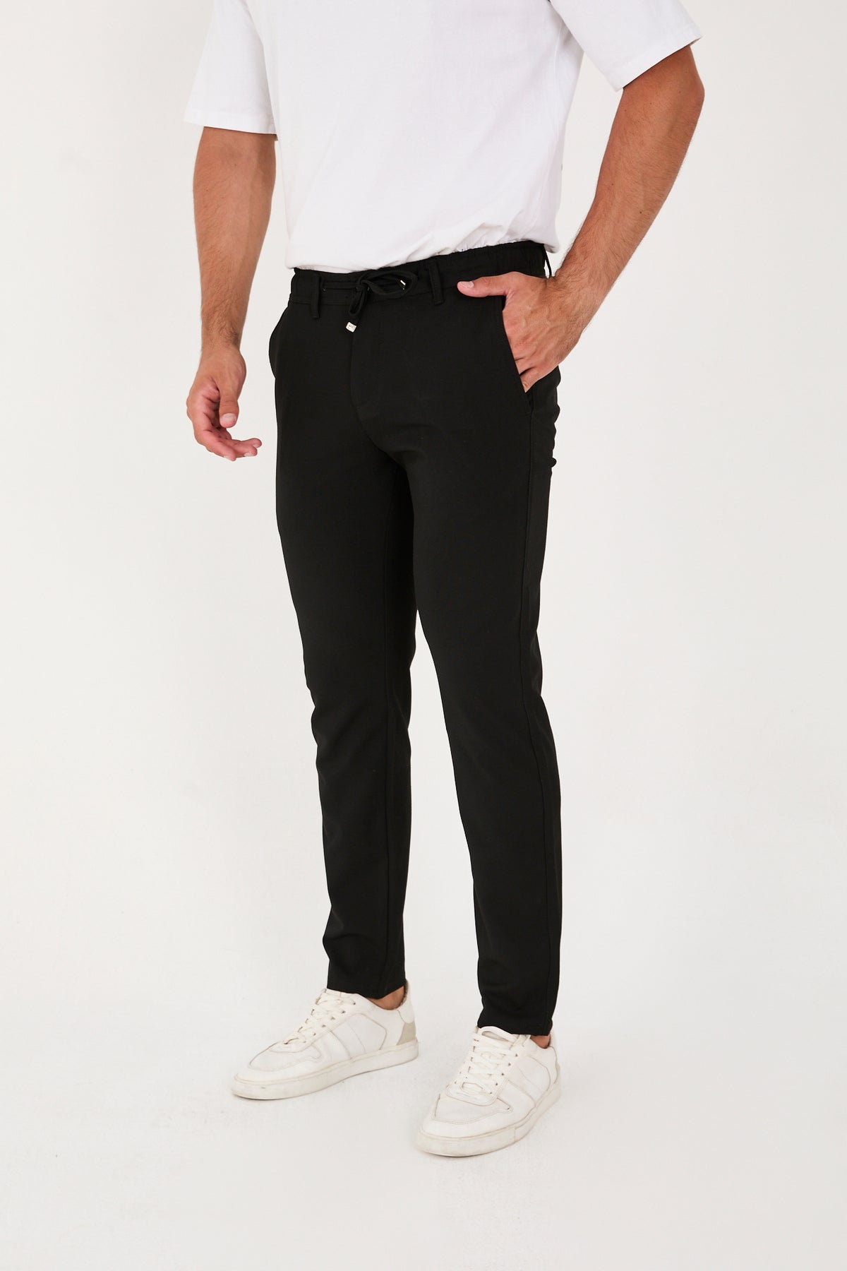 Erkek Jogger Slim Fit Bel Yarım Lastikli Likralı Kumaş Pantolon - Siyah