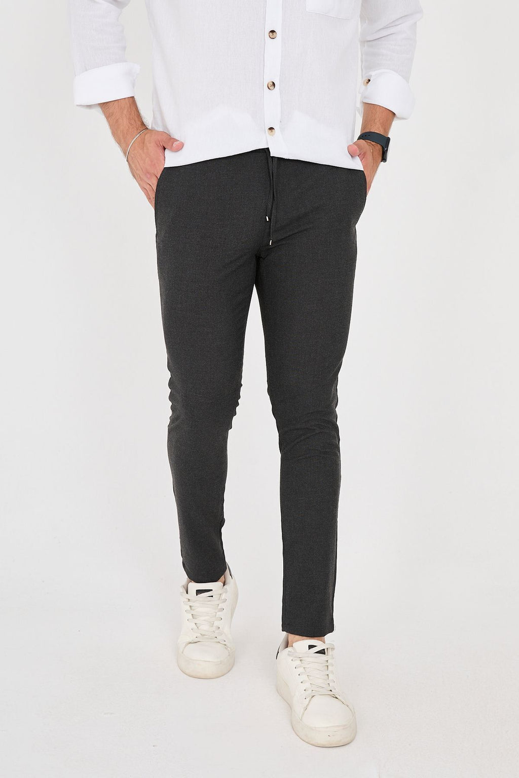 Erkek Jogger Slim Fit Bel Yarım Lastikli Likralı Kumaş Pantolon - Antrasit