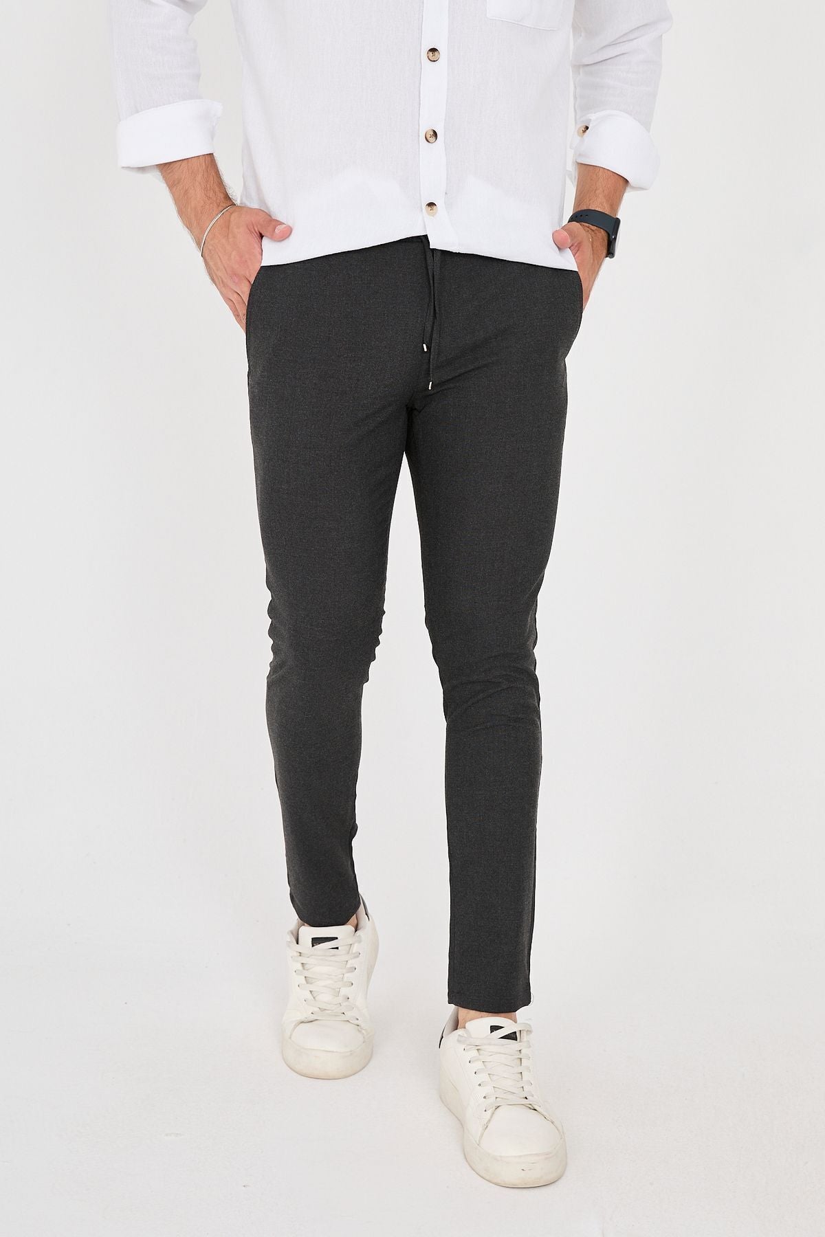 Erkek Jogger Slim Fit Bel Yarım Lastikli Likralı Kumaş Pantolon - Antrasit