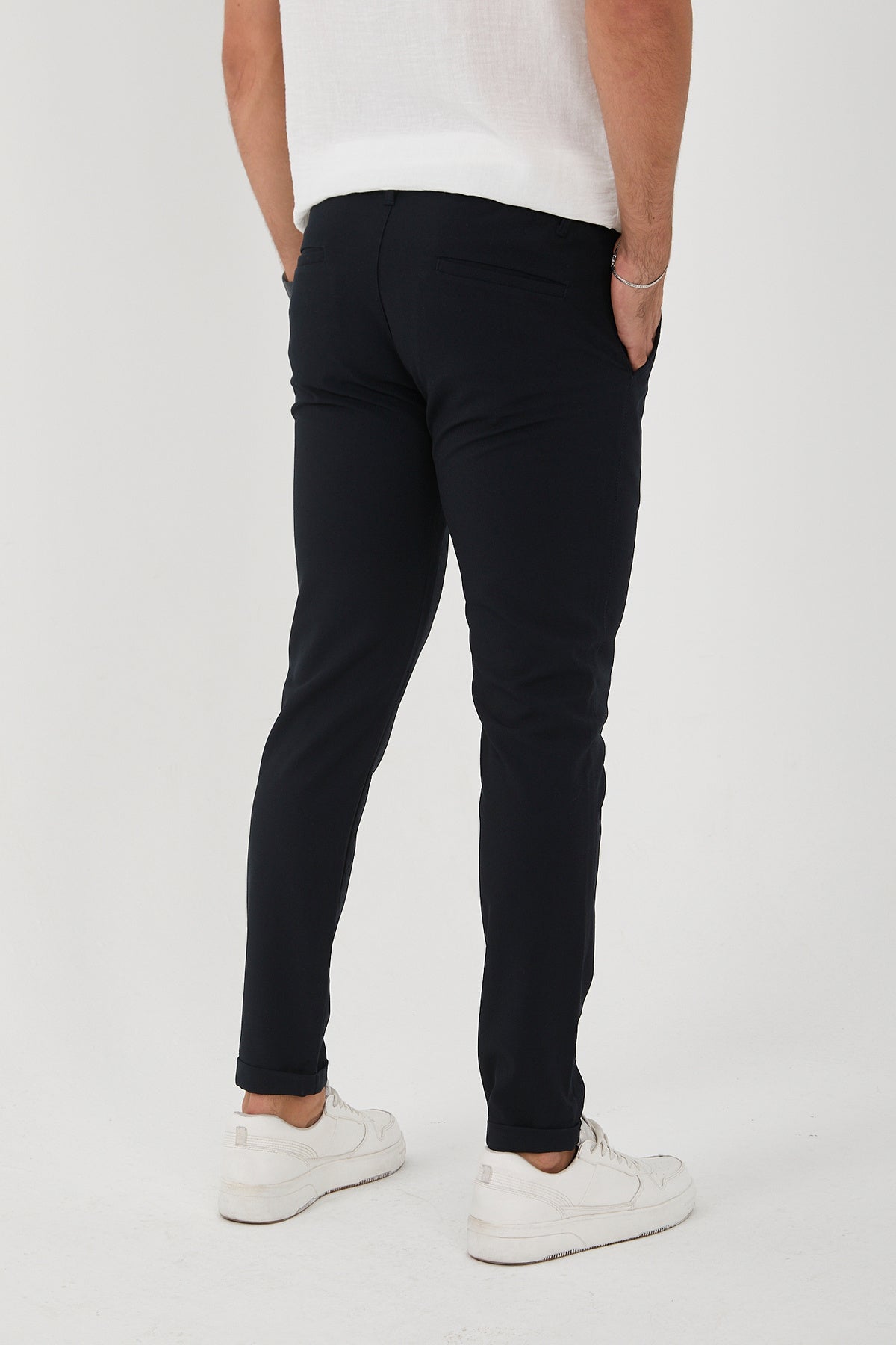 Erkek Jogger Slim Fit Bel Yarım Lastikli Duble Paça Kumaş Pantolon - Lacivert