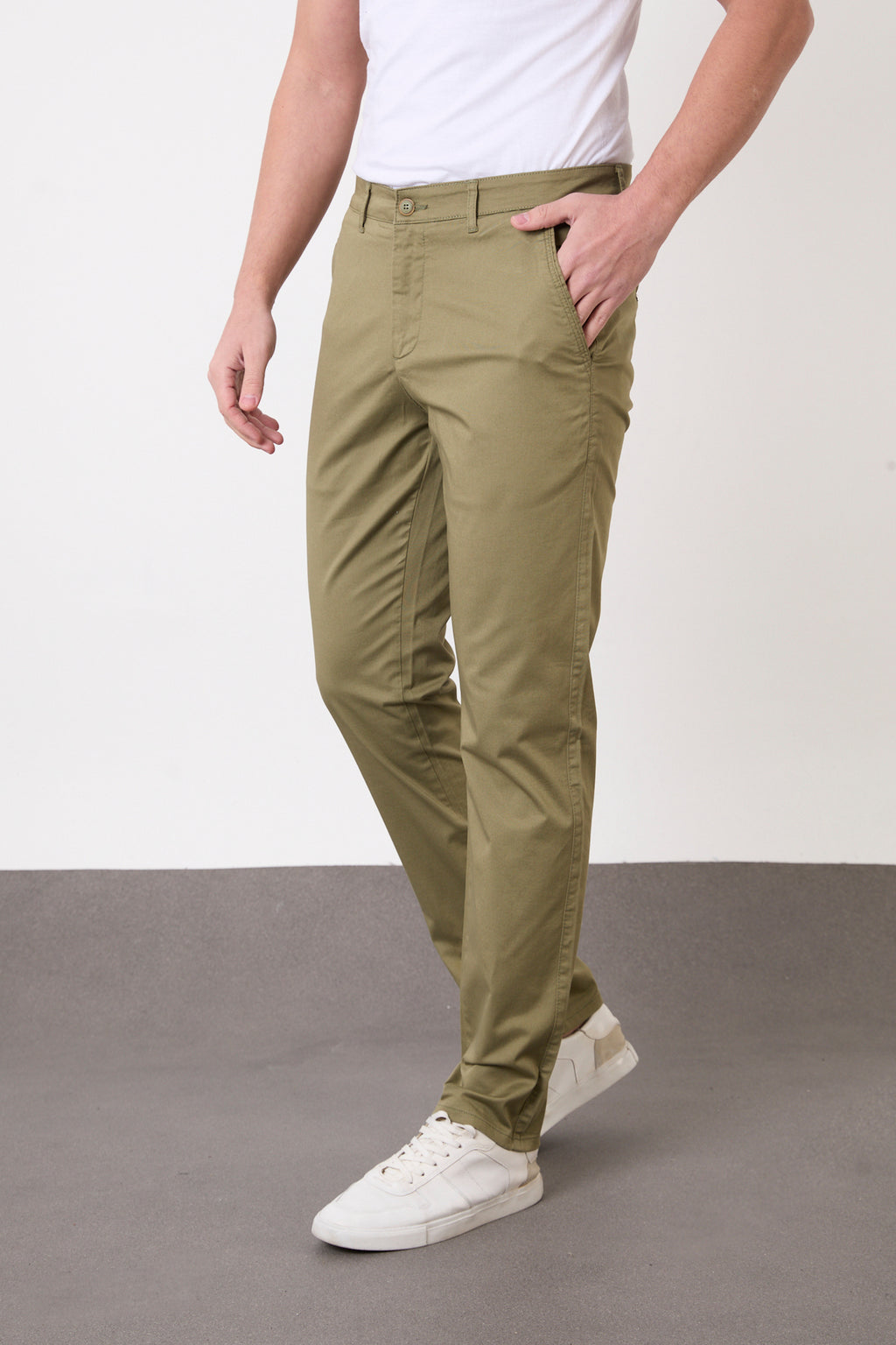Erkek Regular Fit Geniş Kesim Likralı Pamuklu Chino Kanvas Pantolon - Haki