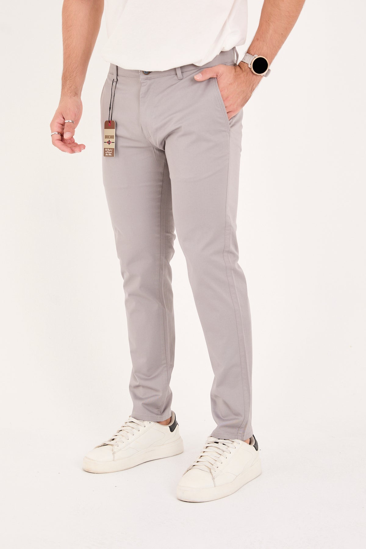 Erkek Slim Fit Dar Kesim Likralı Pamuklu Chino Kanvas Pantolon - Gri