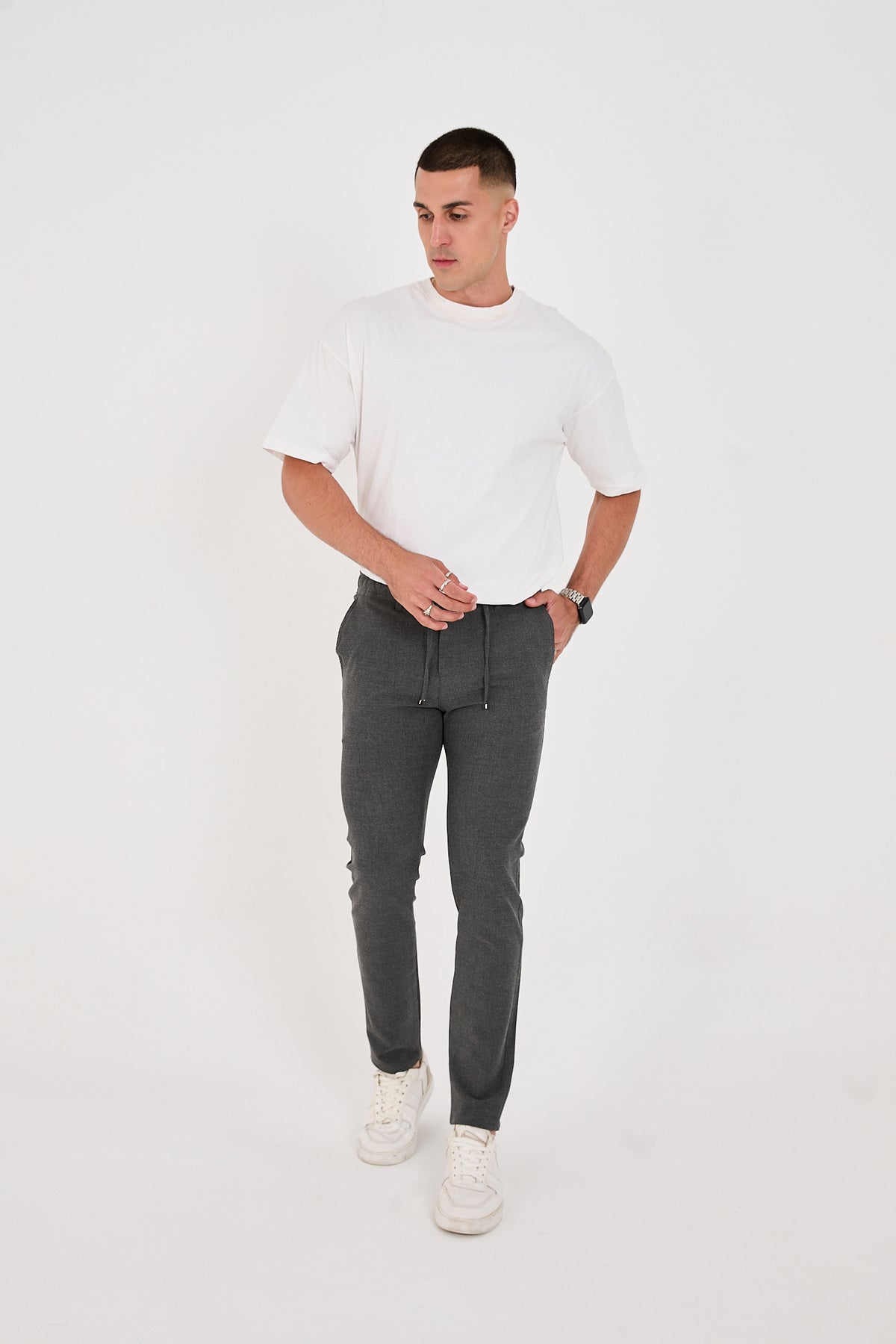 Erkek Gofre Kumaş Likralı Jogger Slim Fit Pantolon - Antrasit