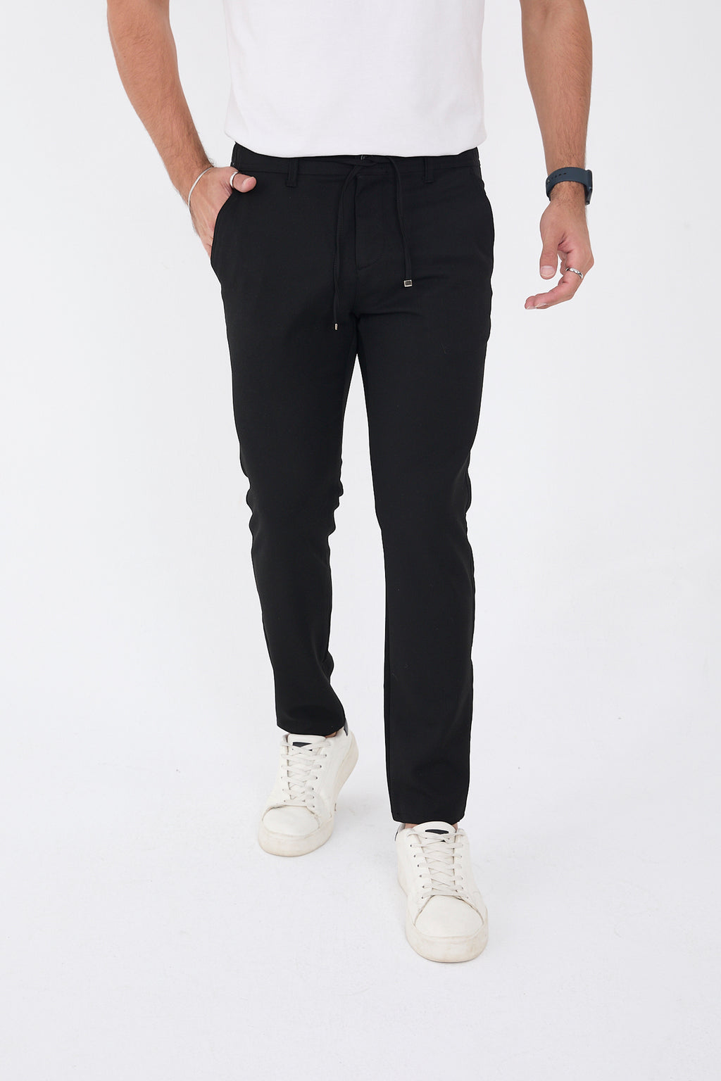 Erkek Kışlık Jogger Slim Fit Bel Yarım Lastikli Kumaş Pantolon - Siyah