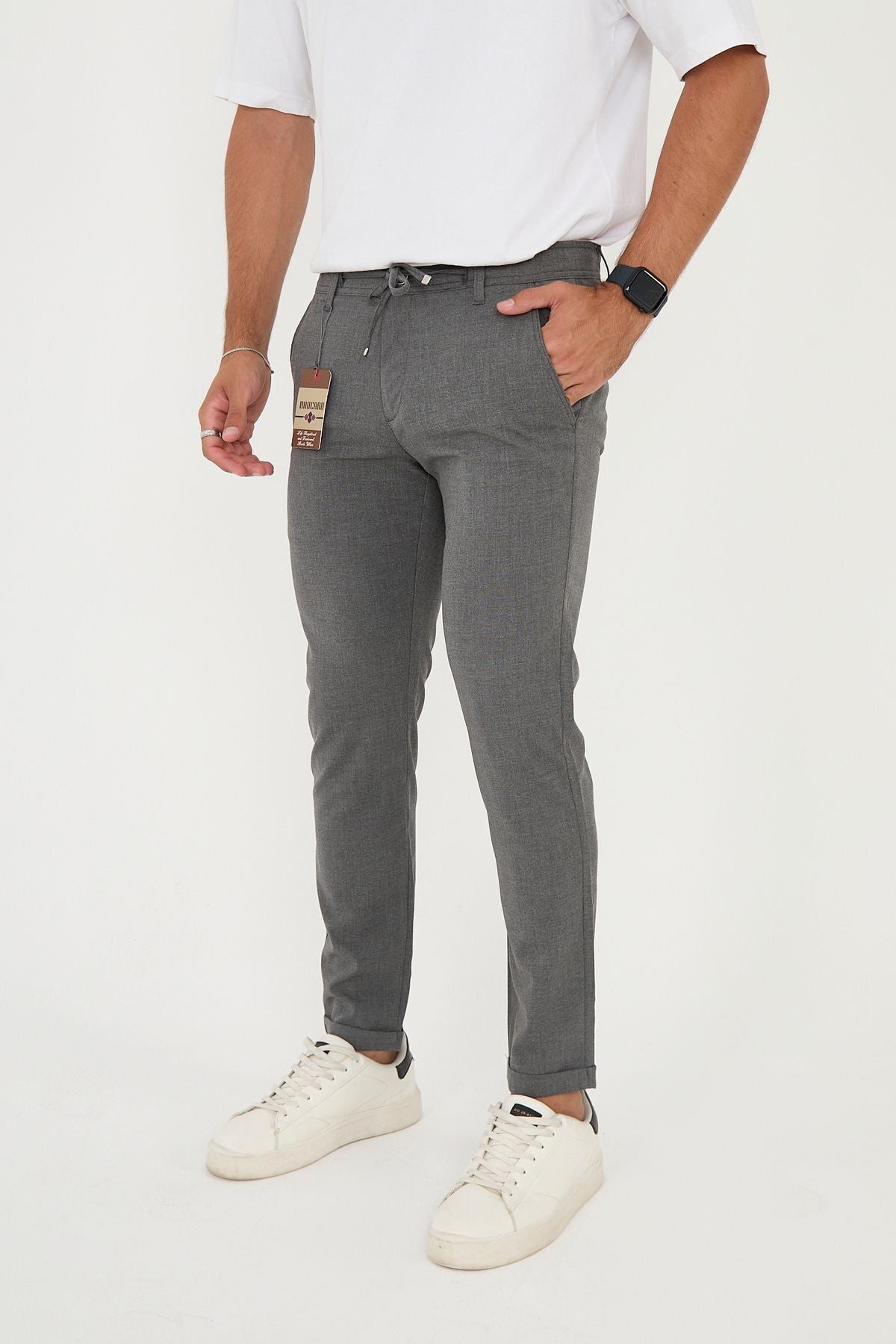 Erkek Jogger Slim Fit Bel Yarım Lastikli Duble Paça Kumaş Pantolon - Koyu Gri