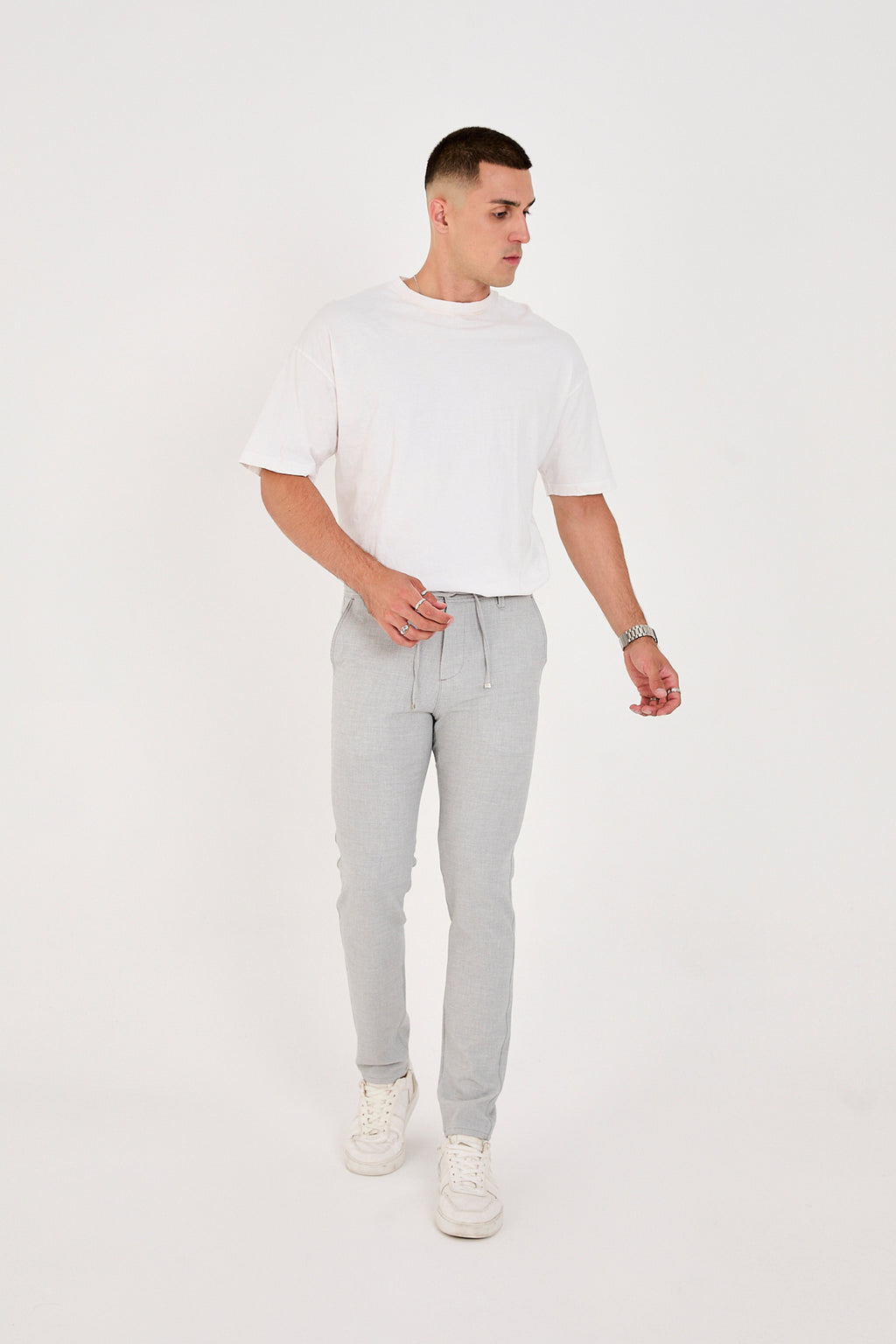 Erkek Gofre Kumaş Likralı Jogger Slim Fit Pantolon - Açık Gri