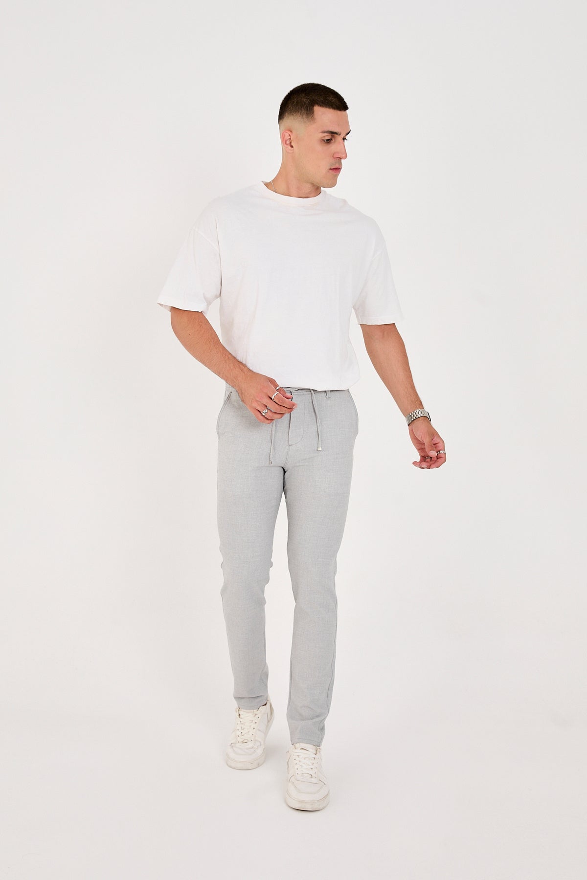 Erkek Gofre Kumaş Likralı Jogger Slim Fit Pantolon - Açık Gri