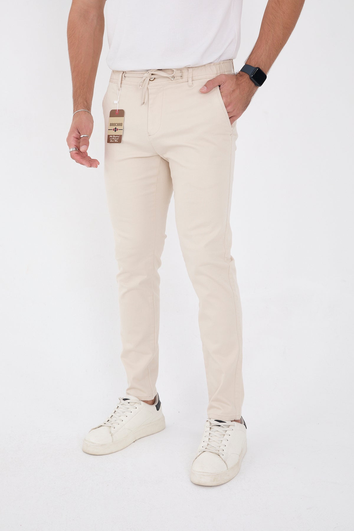Erkek Mevsimlik Jogger Slim Fit Bel Yarım Lastikli Likralı Keten Pantolon - Taş