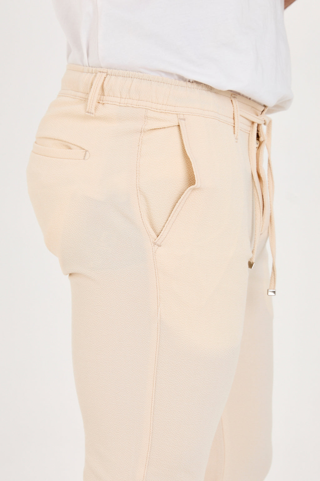 Erkek Gofre Kumaş Likralı Jogger Slim Fit Pantolon - Krem
