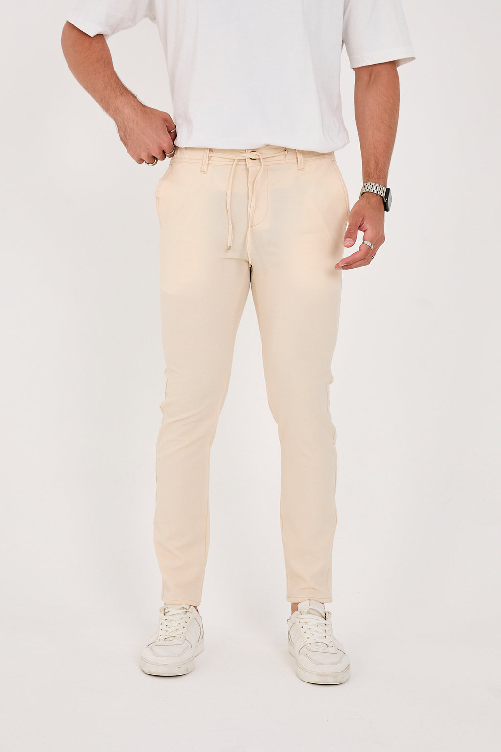 Erkek Gofre Kumaş Likralı Jogger Slim Fit Pantolon - Krem