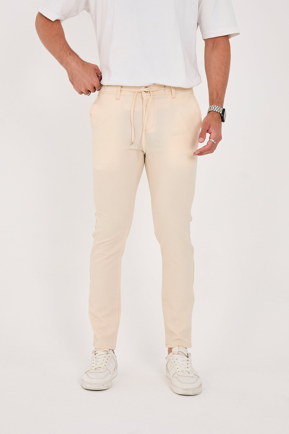 Erkek Gofre Kumaş Likralı Jogger Slim Fit Pantolon - Krem