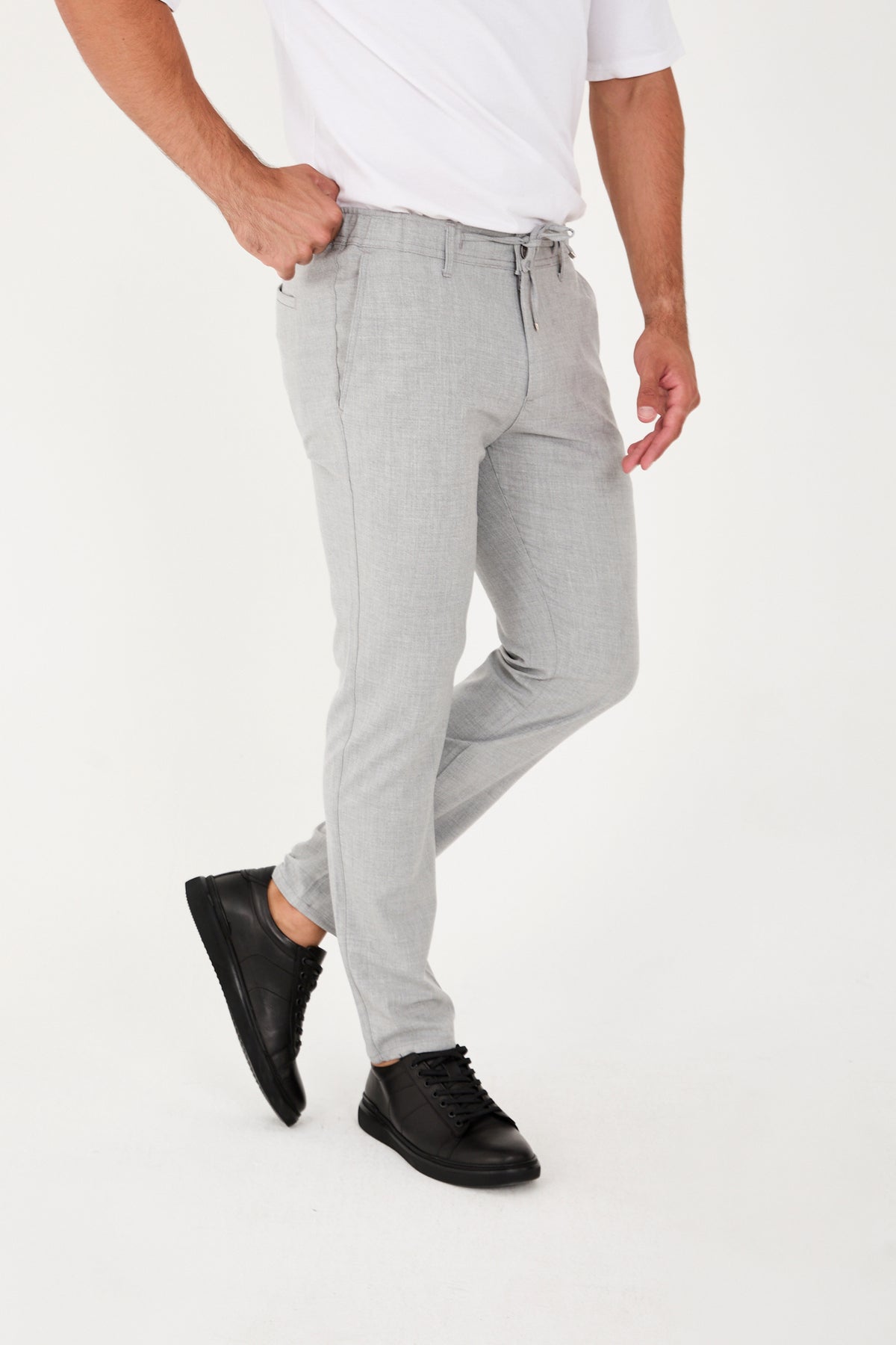 Erkek Jogger Slim Fit Bel Yarım Lastikli Likralı Kumaş Pantolon - Gri