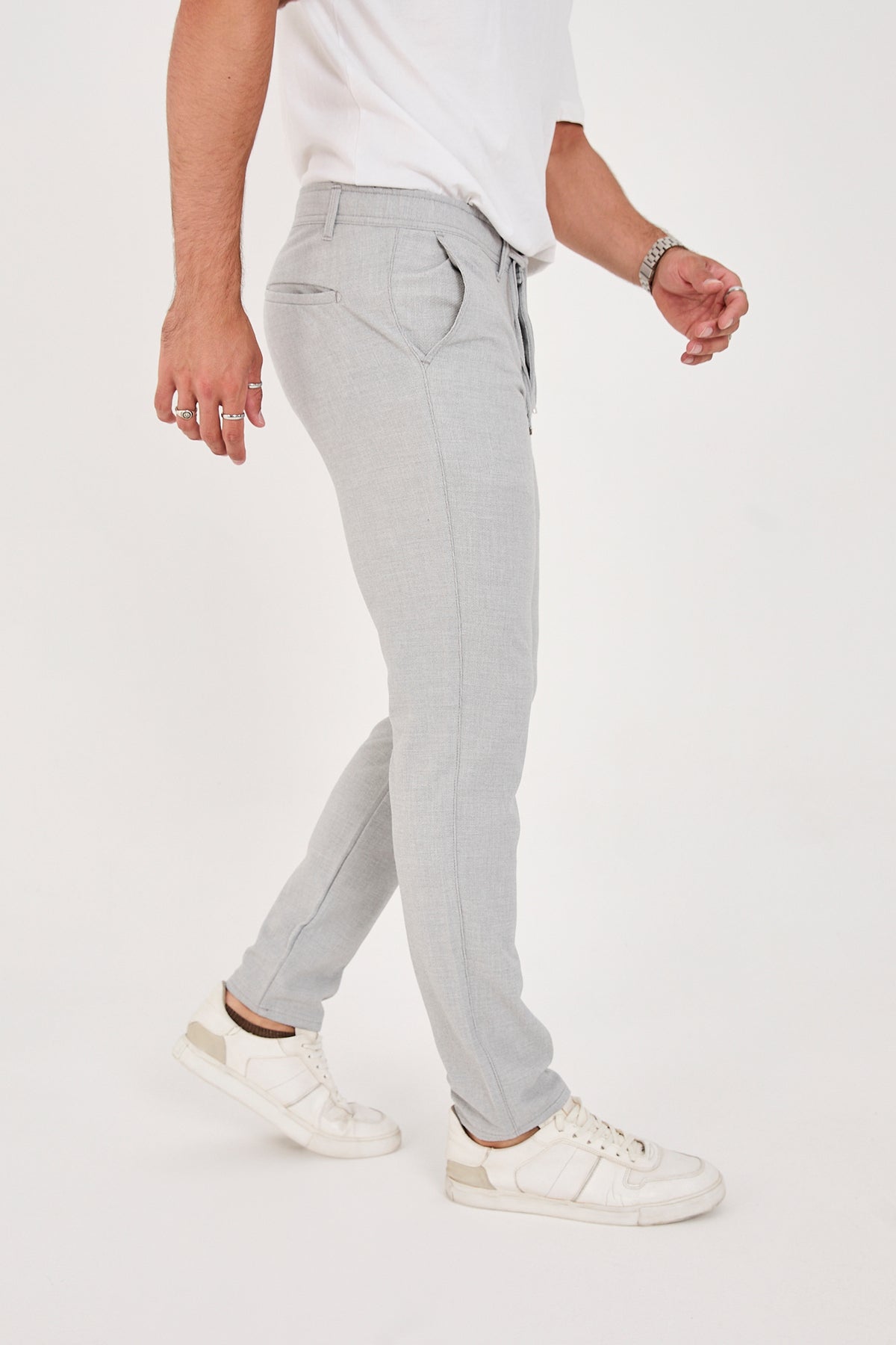 Erkek Gofre Kumaş Likralı Jogger Slim Fit Pantolon - Açık Gri