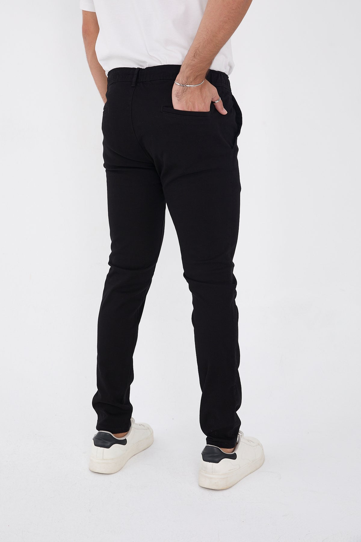 Erkek Mevsimlik Jogger Slim Fit Bel Yarım Lastikli Likralı Keten Pantolon - Siyah