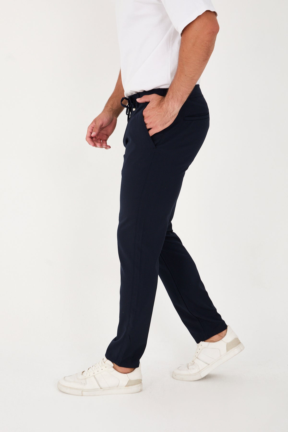 Erkek Jogger Slim Fit Bel Yarım Lastikli Likralı Kumaş Pantolon - Lacivert