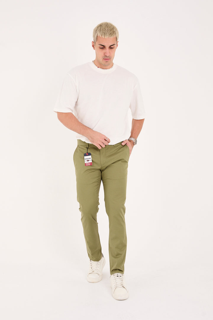 Erkek Slim Fit Dar Kesim Likralı Pamuklu Chino Kanvas Pantolon - Haki