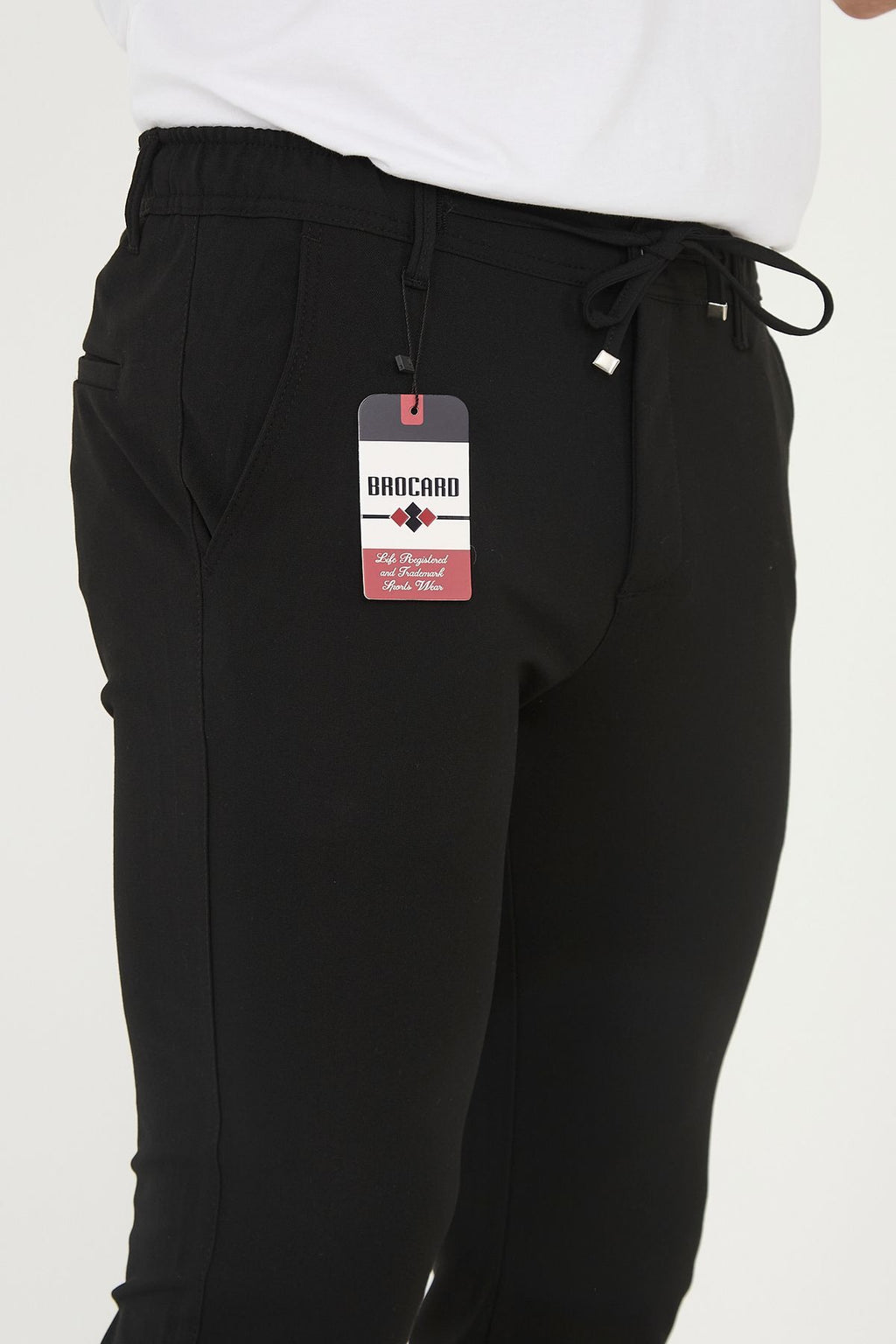 Erkek Jogger Slim Fit Bel Yarım Lastikli Duble Paça Kumaş Pantolon - Siyah