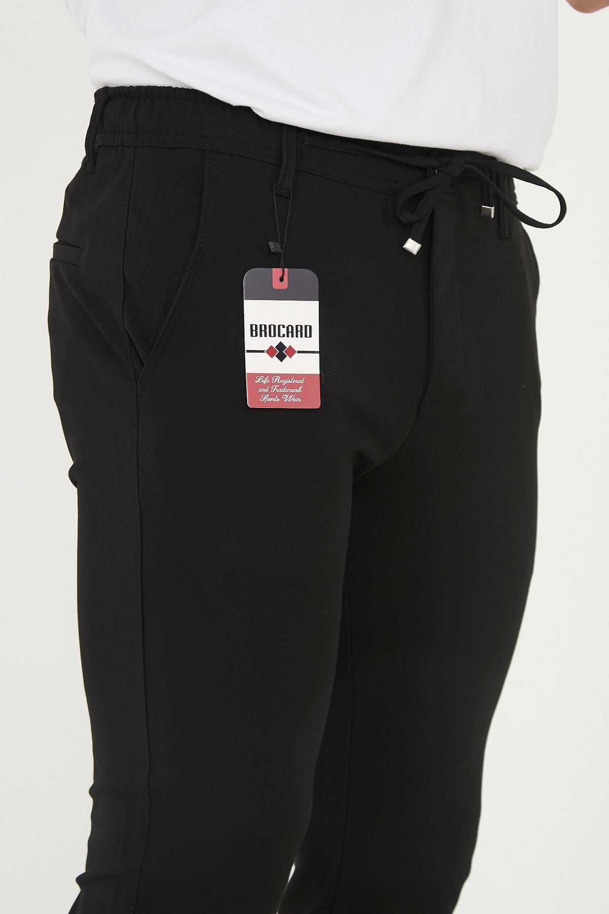 Erkek Jogger Slim Fit Bel Yarım Lastikli Duble Paça Kumaş Pantolon - Siyah