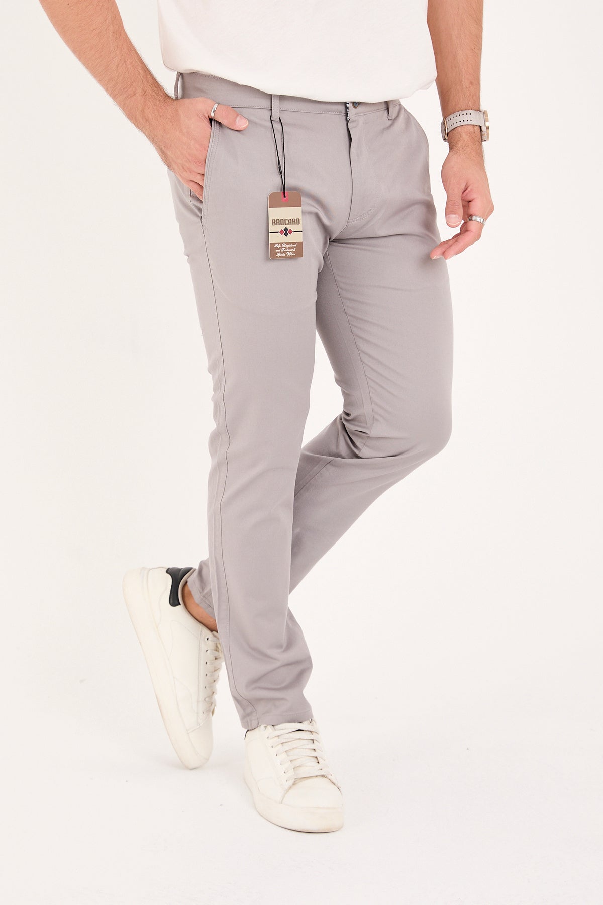 Erkek Slim Fit Dar Kesim Likralı Pamuklu Chino Kanvas Pantolon - Gri
