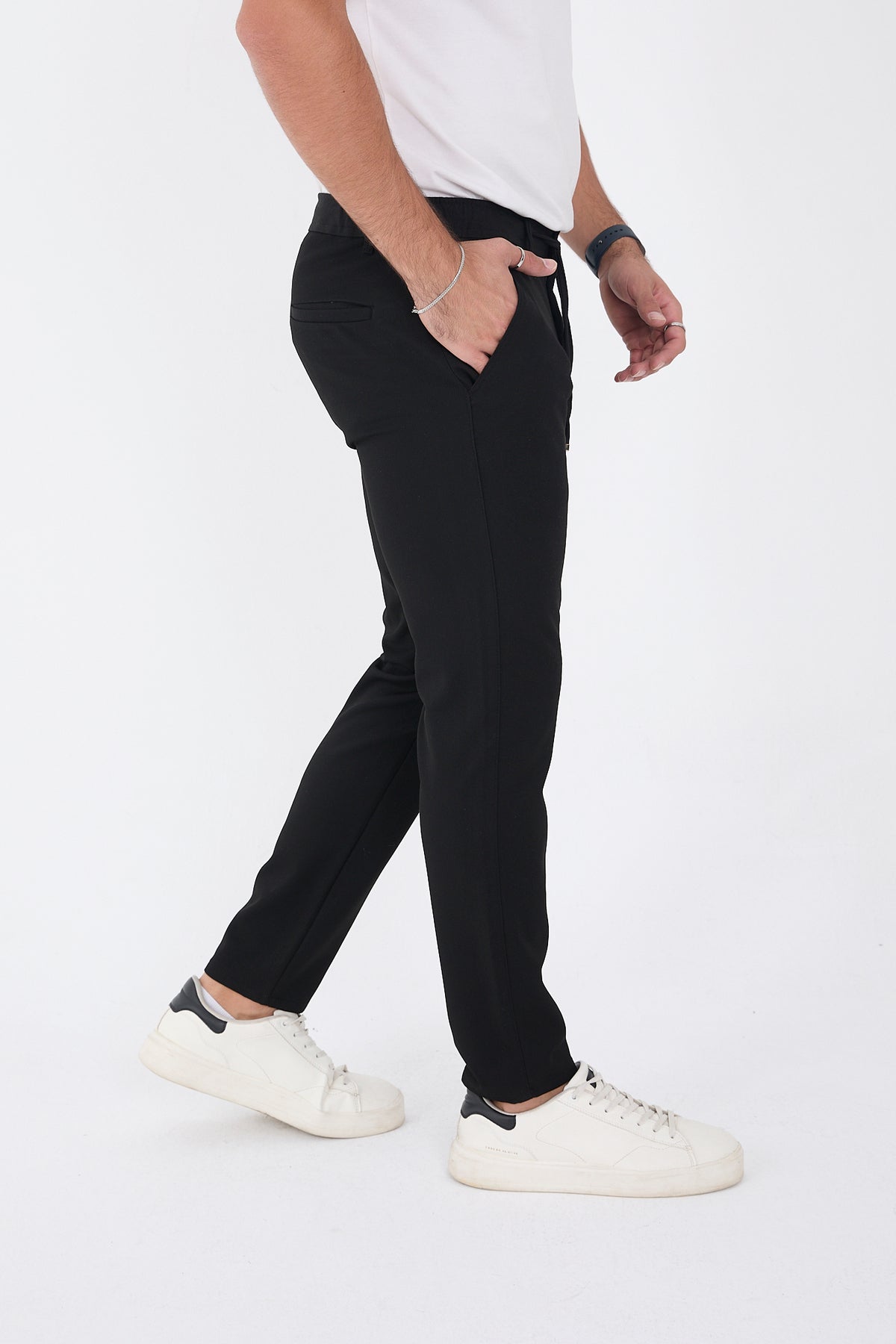 Erkek Kışlık Jogger Slim Fit Bel Yarım Lastikli Kumaş Pantolon - Siyah