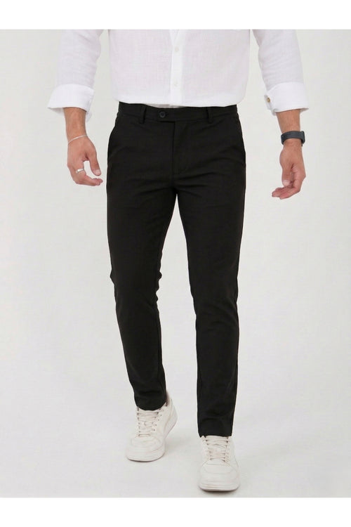 Erkek Comfort Slim Fit Esnek Dokuma Kumaş Pantolon - Siyah