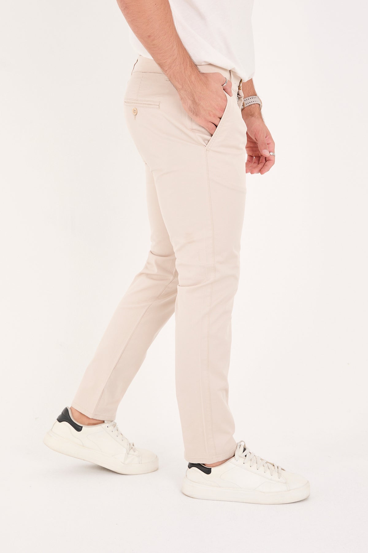 Erkek Slim Fit Dar Kesim Likralı Pamuklu Chino Kanvas Pantolon - Bej
